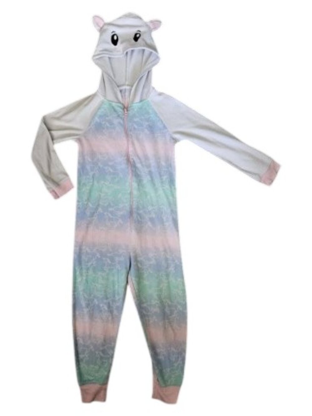 SO Blue Green Unicorn Print Hooded One Piece Fleece Pajamas Girls Size 4